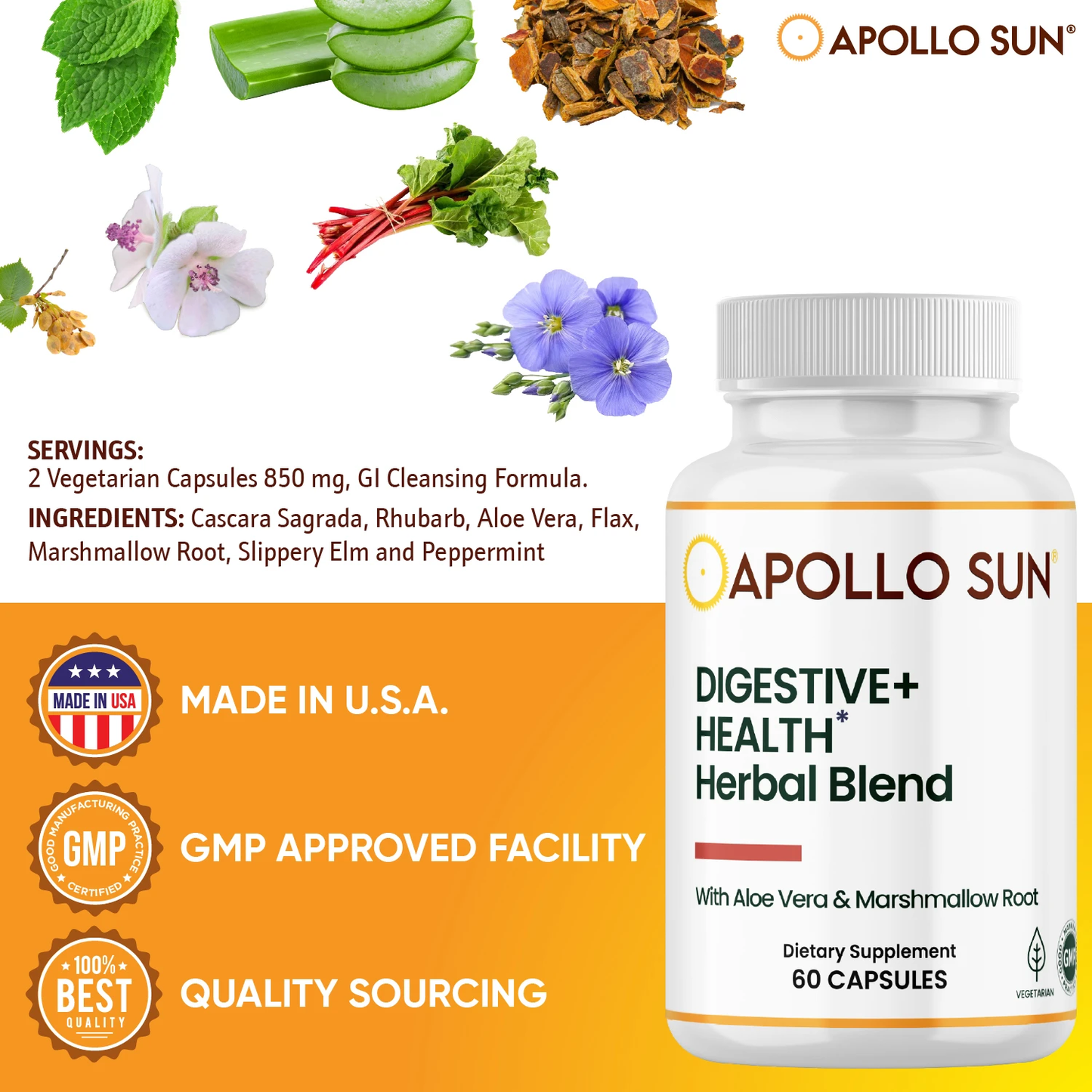 APOLLO SUN Vitamins Digestive+Health Herbal Blend 850mg with Aloe Vera and Marshmallow Root Dietary Supplement (60 Vegetarian Capsules)
